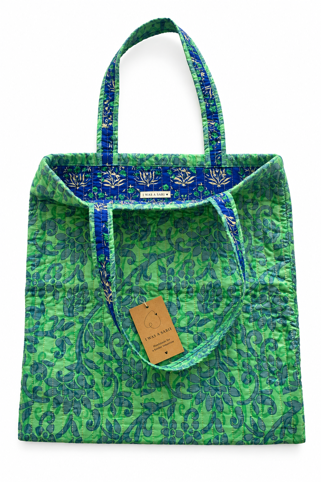Sac cabas en sari indien recyclé vert et bleu – Pièce unique