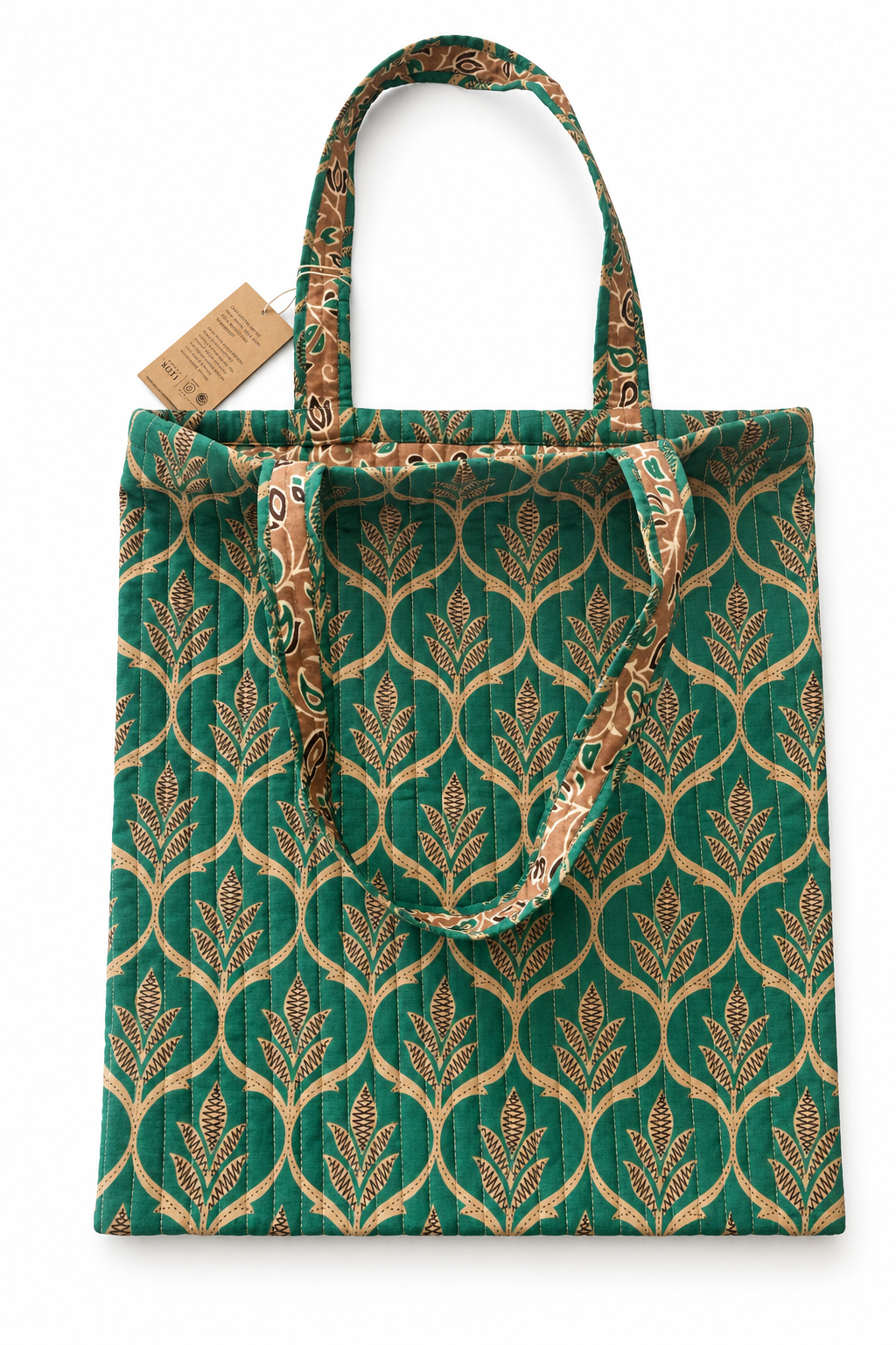 Sac cabas en sari indien recyclé vert à motifs dorés – Pièce unique