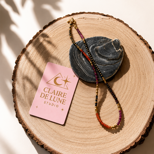 Collier en pierres semi-précieuses, oeil de tigre, opale mexicaine de feu