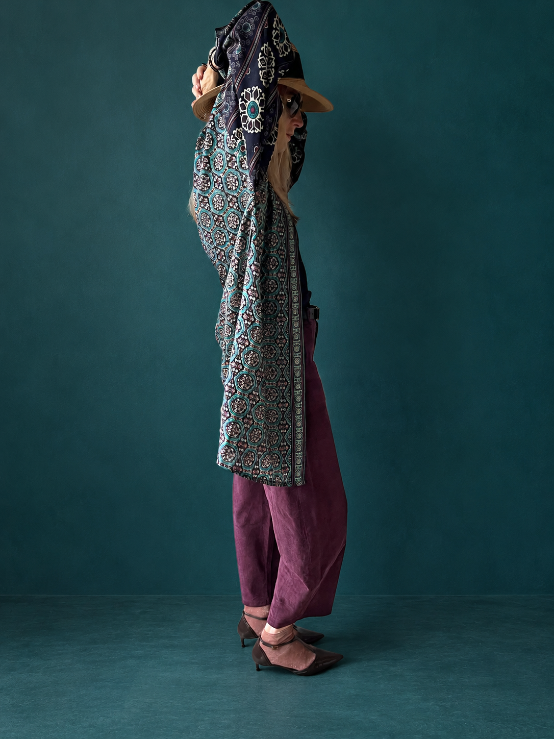 Kimono midi en sari indien recyclé bleu nuit et turquoise