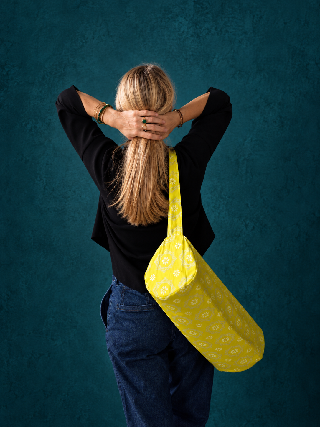 Sac de yoga en sari indien recyclé – Vert et écru