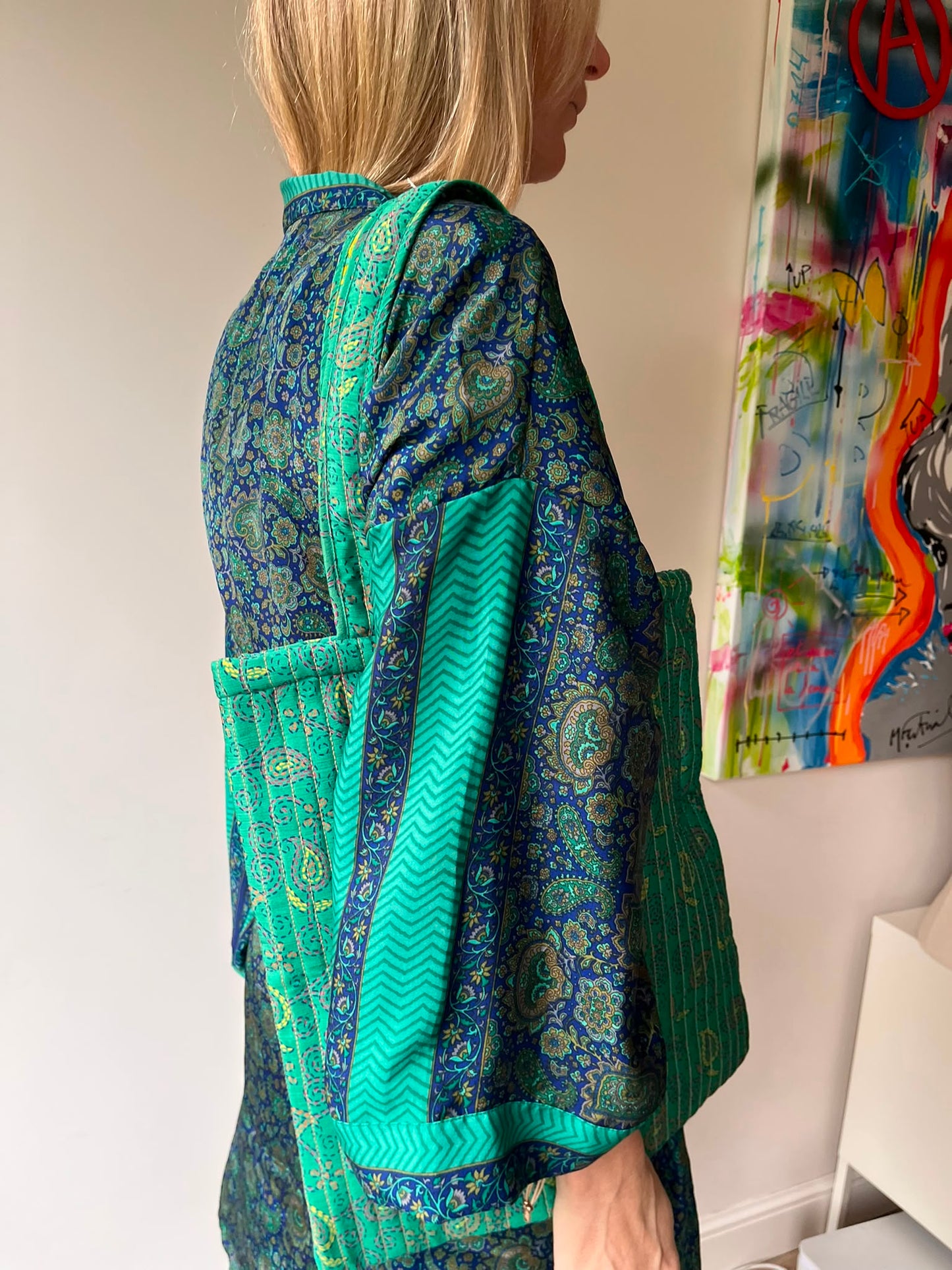 Sac cabas bohème en sari recyclé vert – Pièce unique