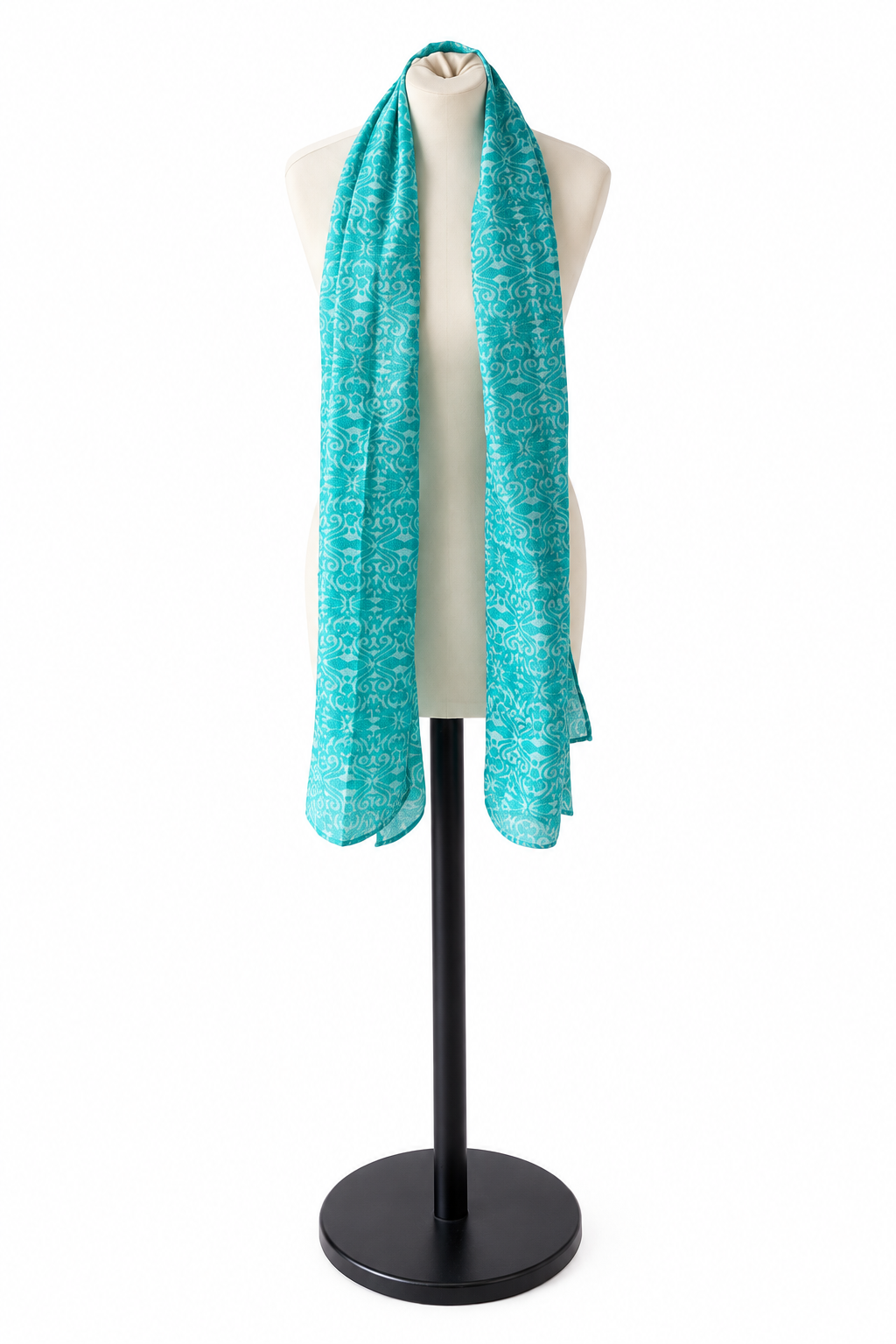Foulard-étole turquoise et ivoire en sari indien recyclé – vue entière