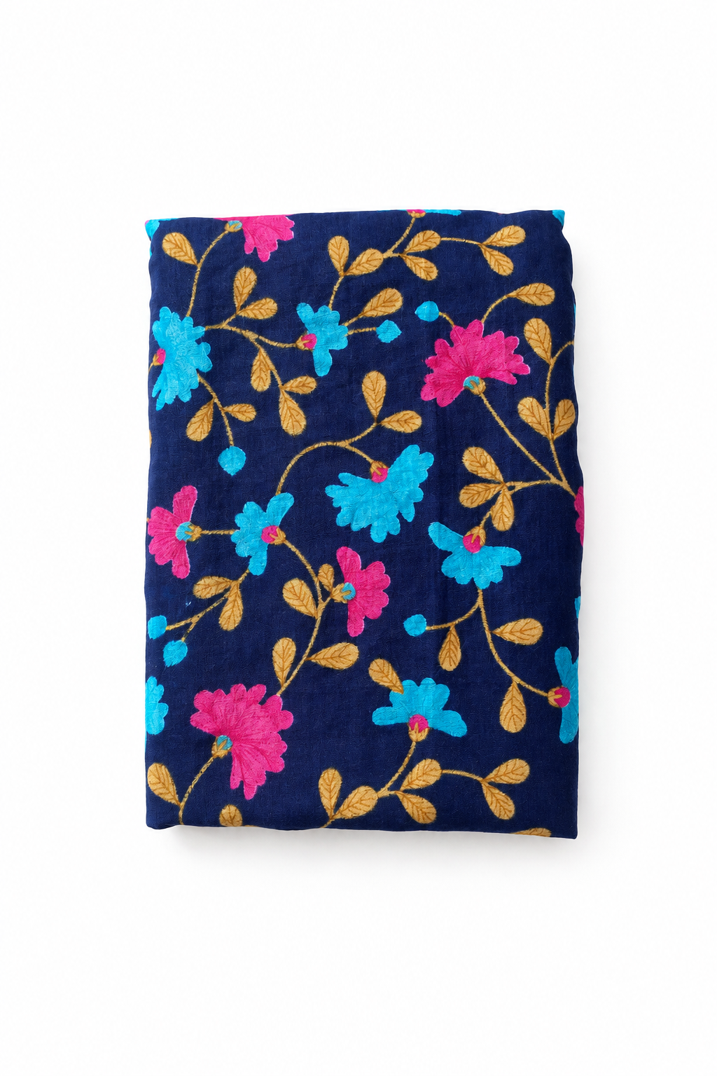 Détail du motif floral du Loop Scarf en sari indien recyclé bleu nuit, turquoise et fuchsia