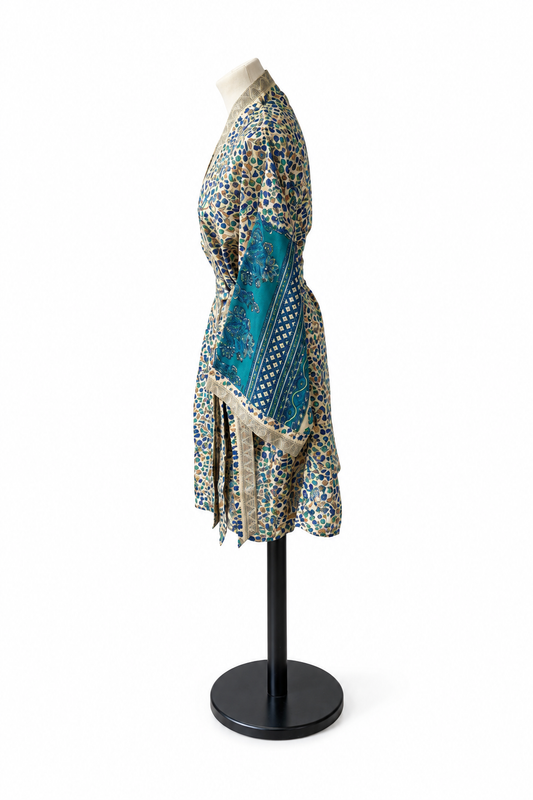 Kimono midi beige et turquoise en sari recyclé, vue de dos