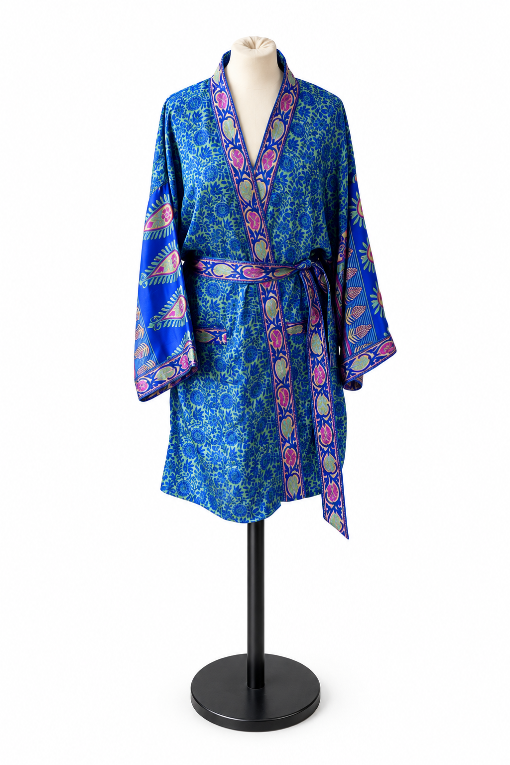 Gerecyclede kimono en Indiase sari Turkoois en roze