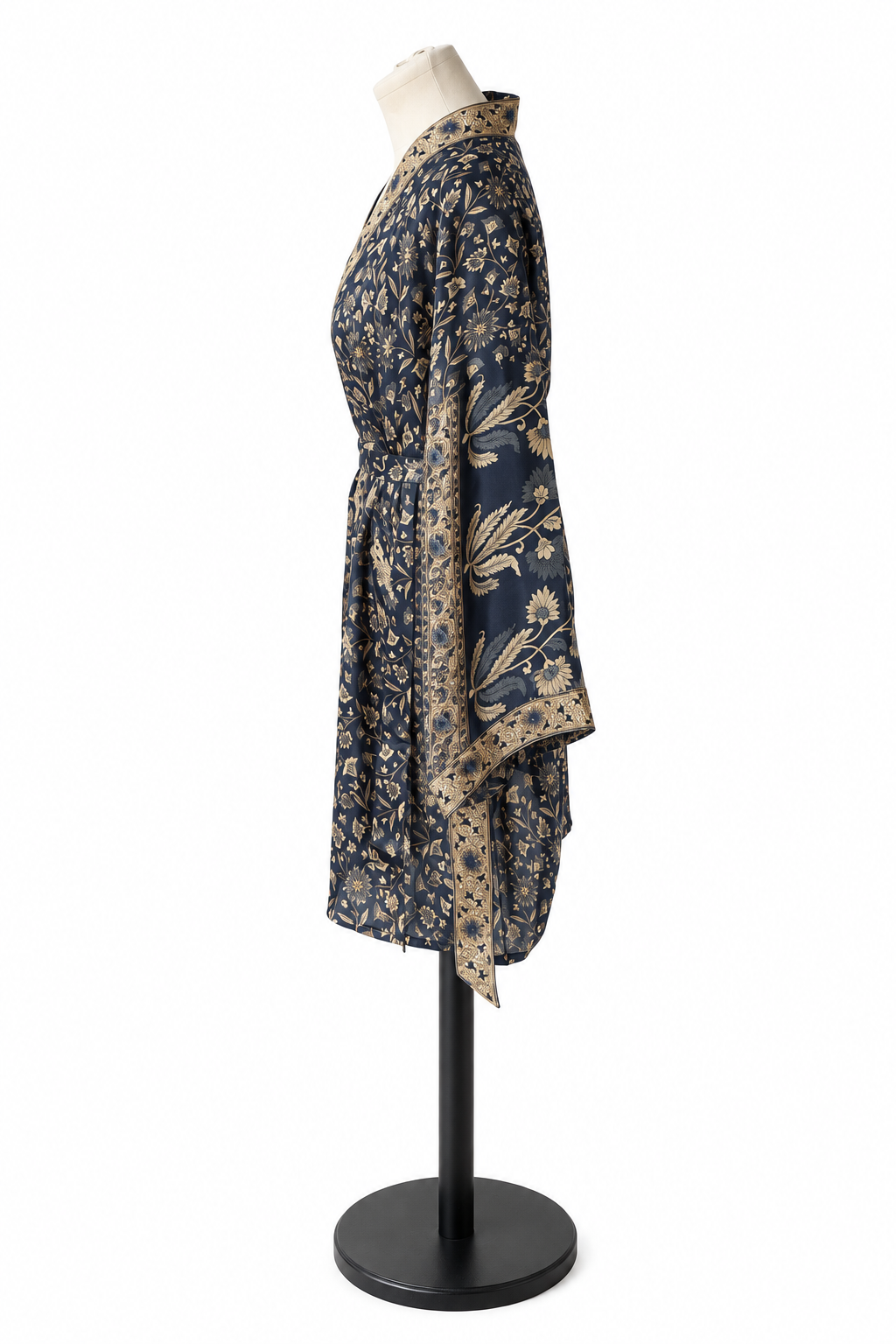Midi-kimono van gerecyclede Indiase sari – Nachtblauw & beige