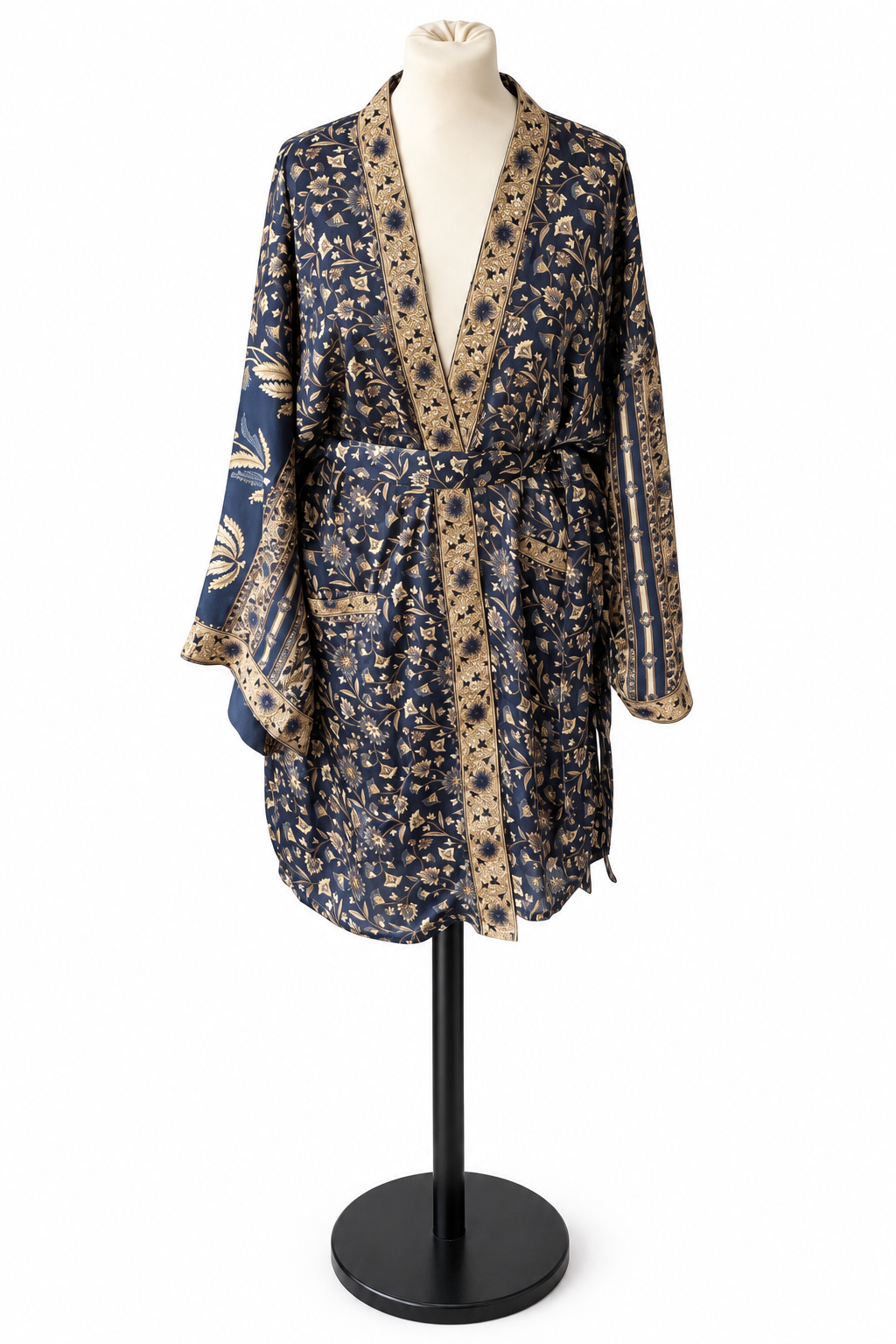 Midi-kimono van gerecyclede Indiase sari – Nachtblauw & beige