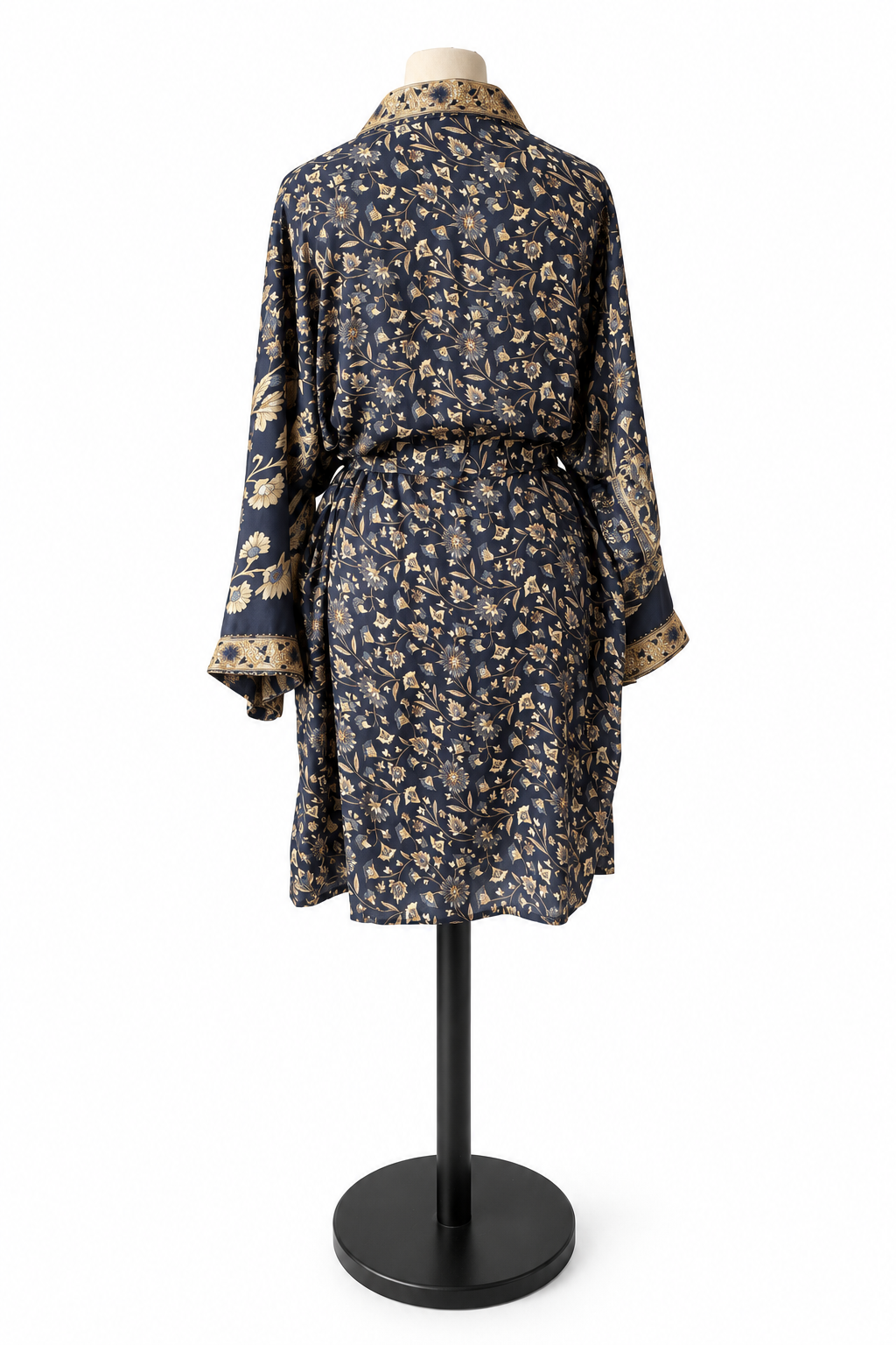 Midi-kimono van gerecyclede Indiase sari – Nachtblauw & beige