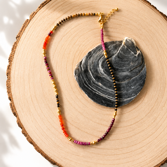 Collier en pierres semi-précieuses, oeil de tigre, opale mexicaine de feu