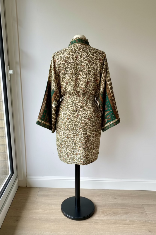 Dos du kimono vert olive et beige à imprimé végétal style bohème chic