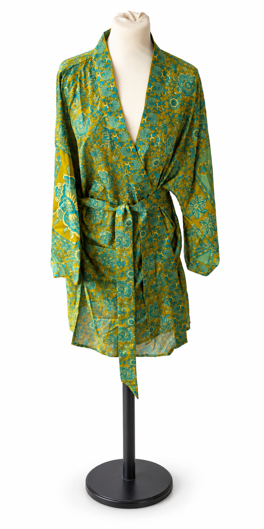 Kimono en sari indien recyclé- Olive vert-turquoise