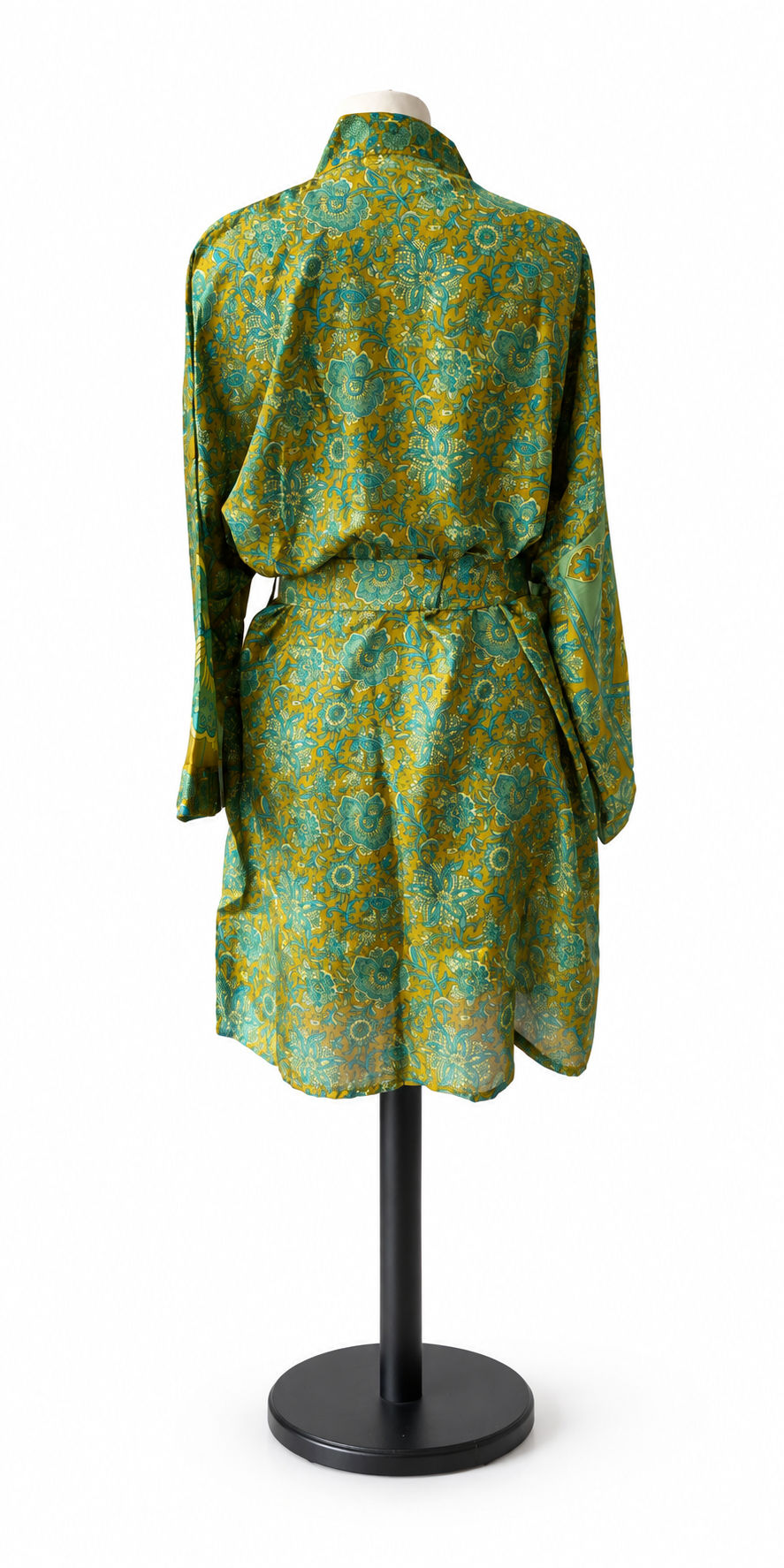 Kimono en sari indien recyclé- Olive vert-turquoise