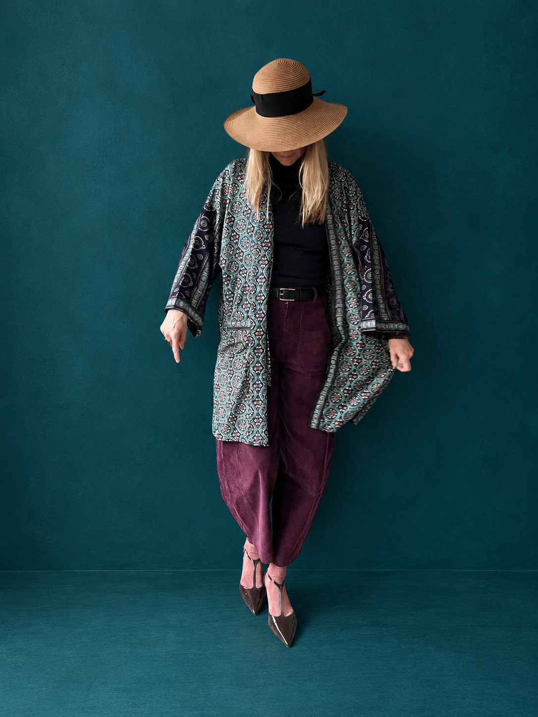 Kimono midi en sari indien recyclé bleu nuit et turquoise