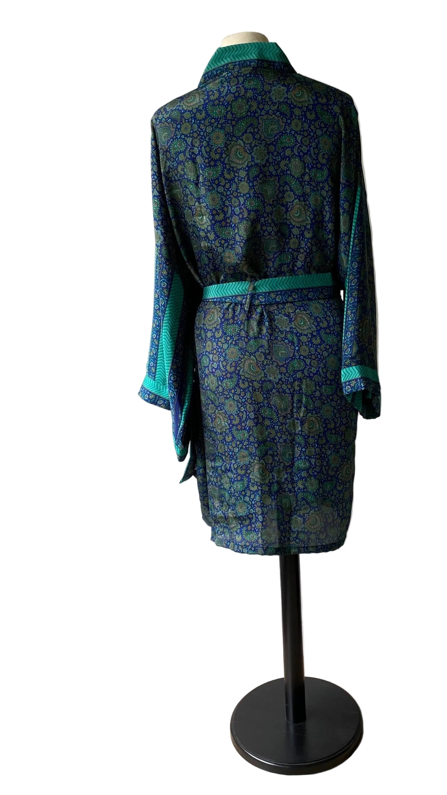 Kimono en sari recyclé bleu et turquoise – Pièce unique