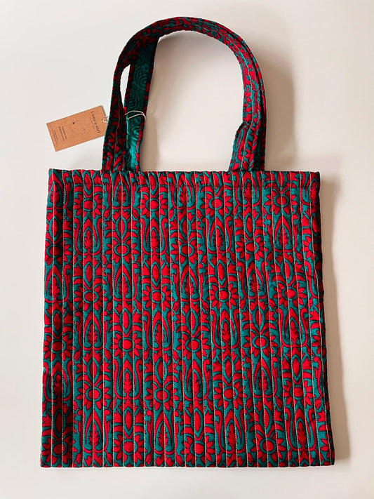 Sac cabas en sari recyclé rouge et turquoise – Pièce unique