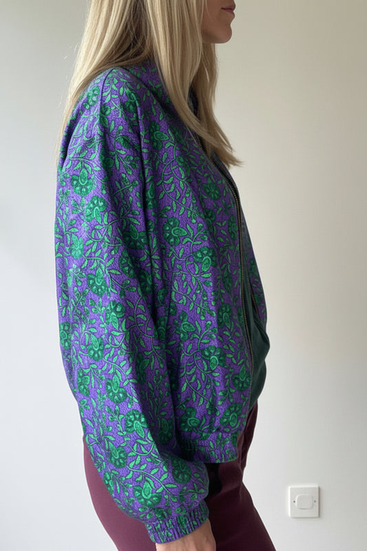 Bomber femme en sari recyclé violet & vert émeraude