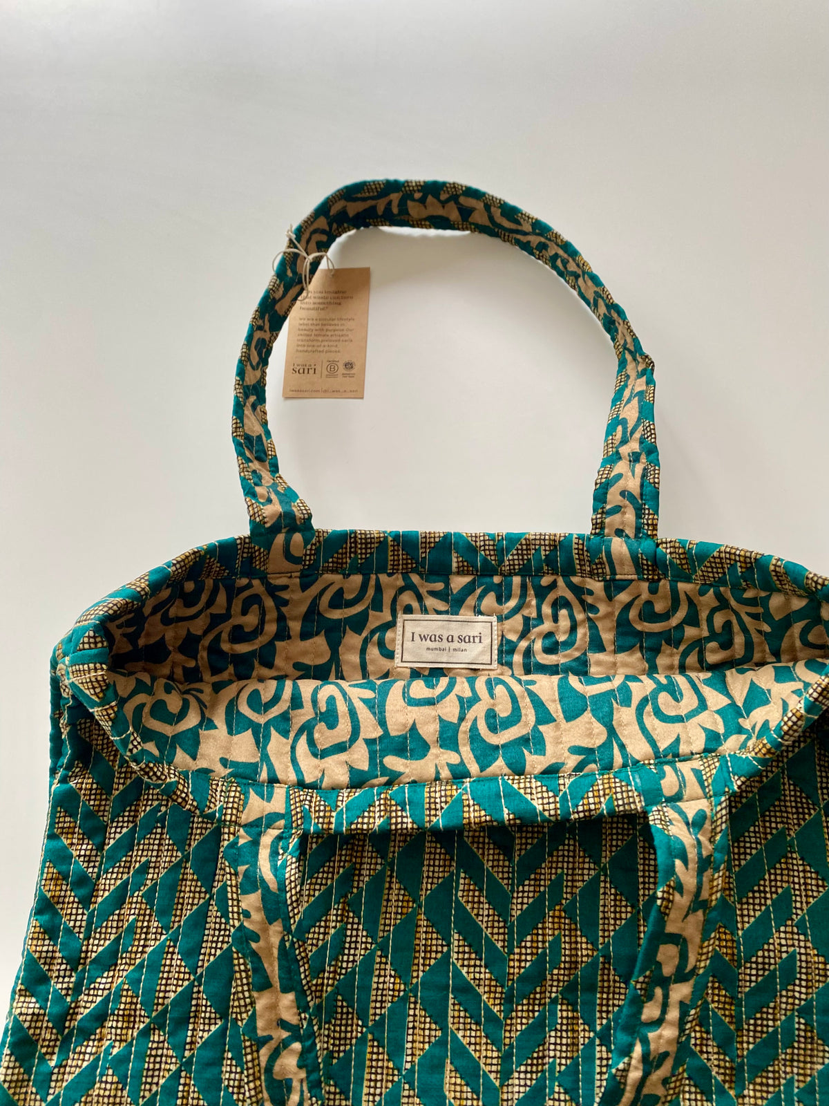 Sac cabas en sari indien recyclé vert-doré  – Pièce unique