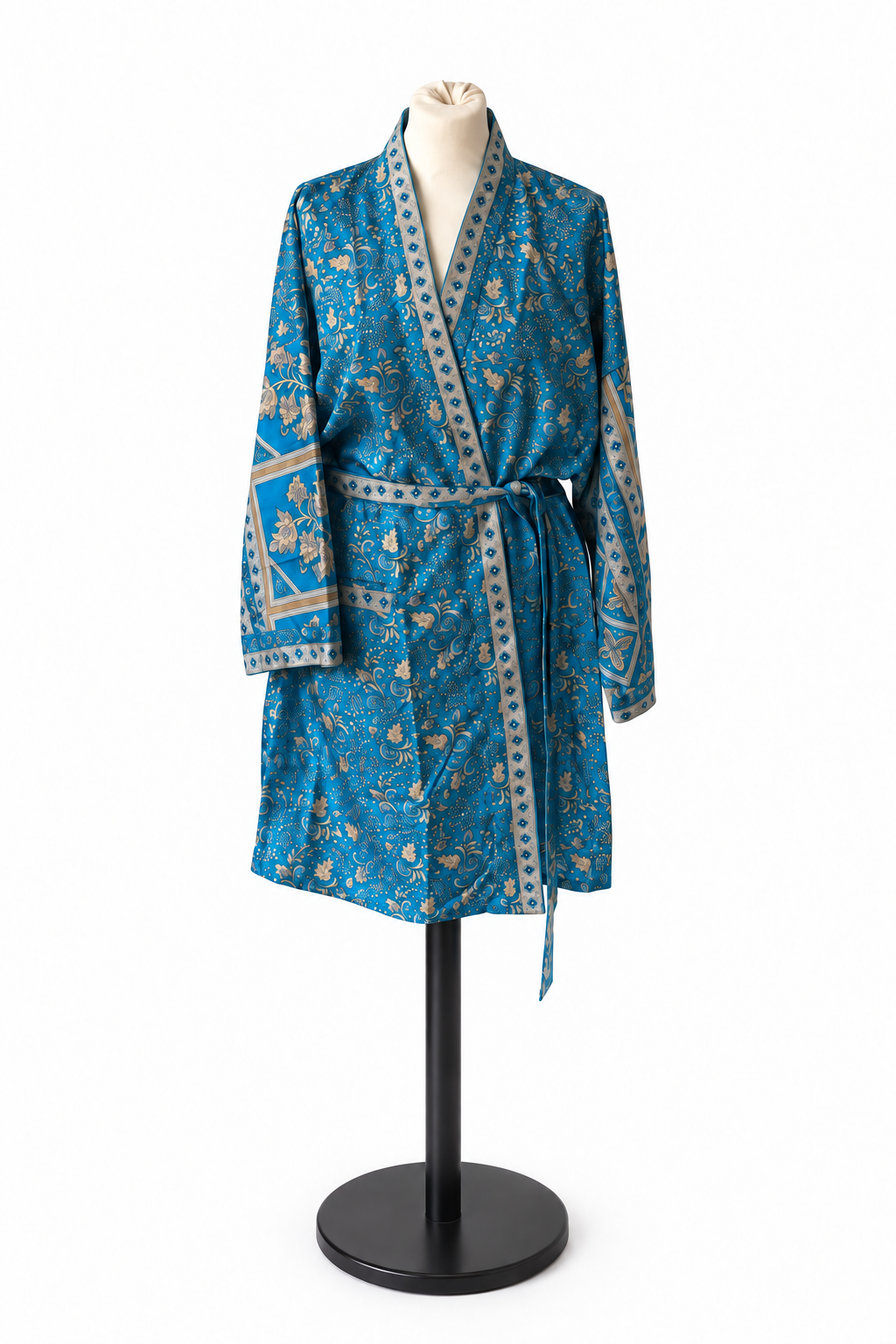 Kimono midi en sari indien recyclé turquoise et beige doré – vue de face