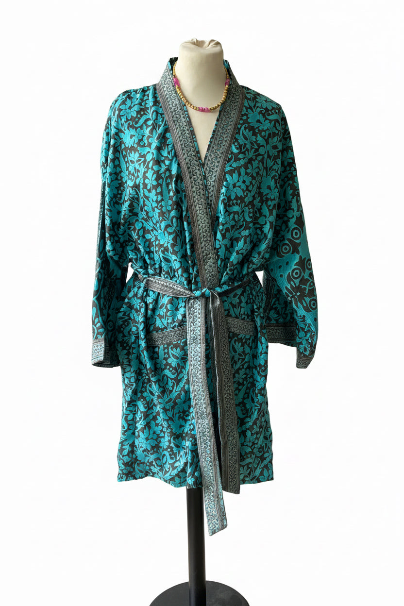 Kimono Bohème Turquoise et Brun Chocolat