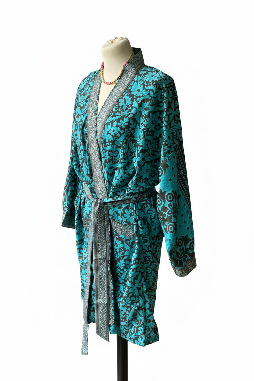 Kimono bohème femme turquoise et brun avec ceinture vue latérale