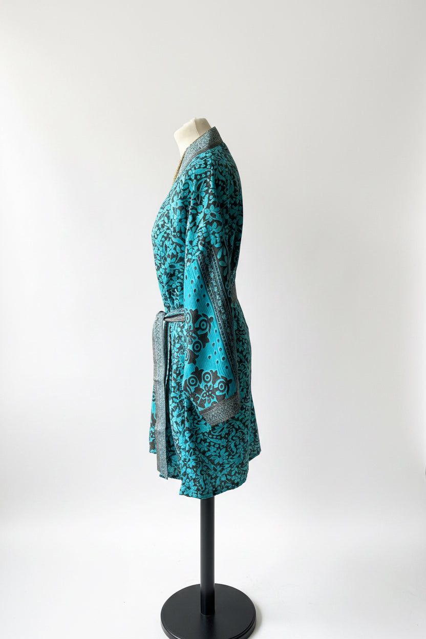 Kimono bohème femme turquoise et brun avec ceinture vue latérale