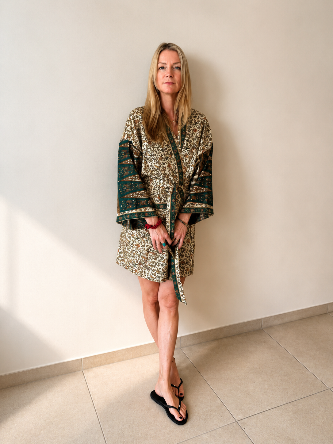 Kimono Bohème Chic Vert Olive et Beige | Claire de Lune Studio