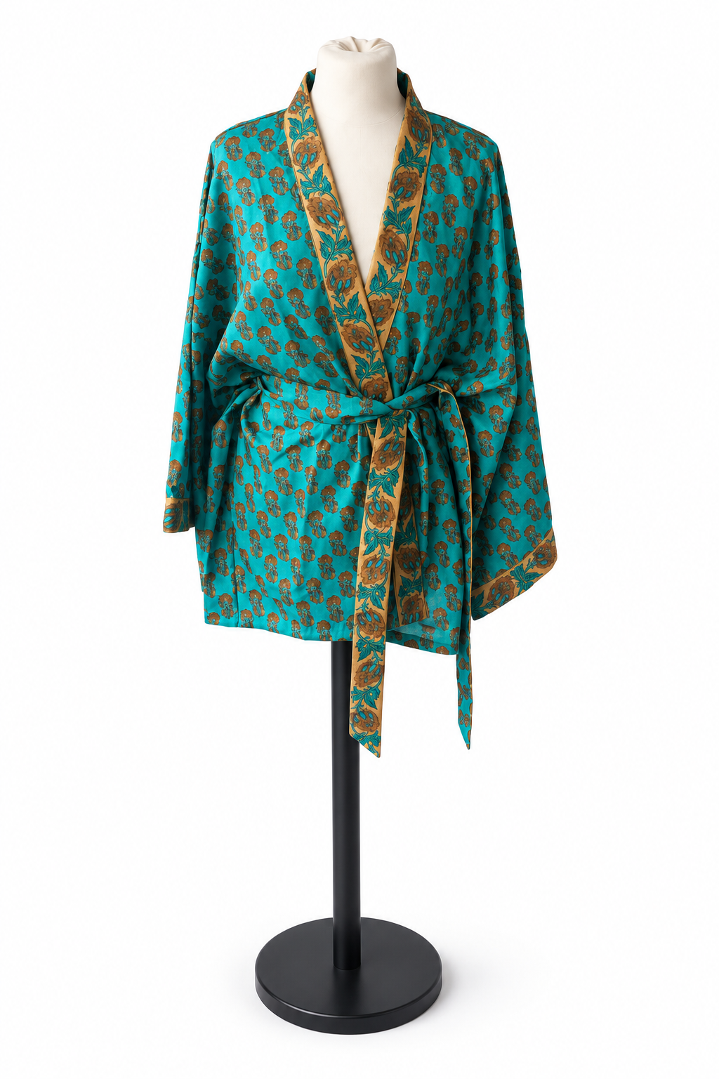 Veste kimono courte en sari indien recyclé turquoise et ocre, vue de face