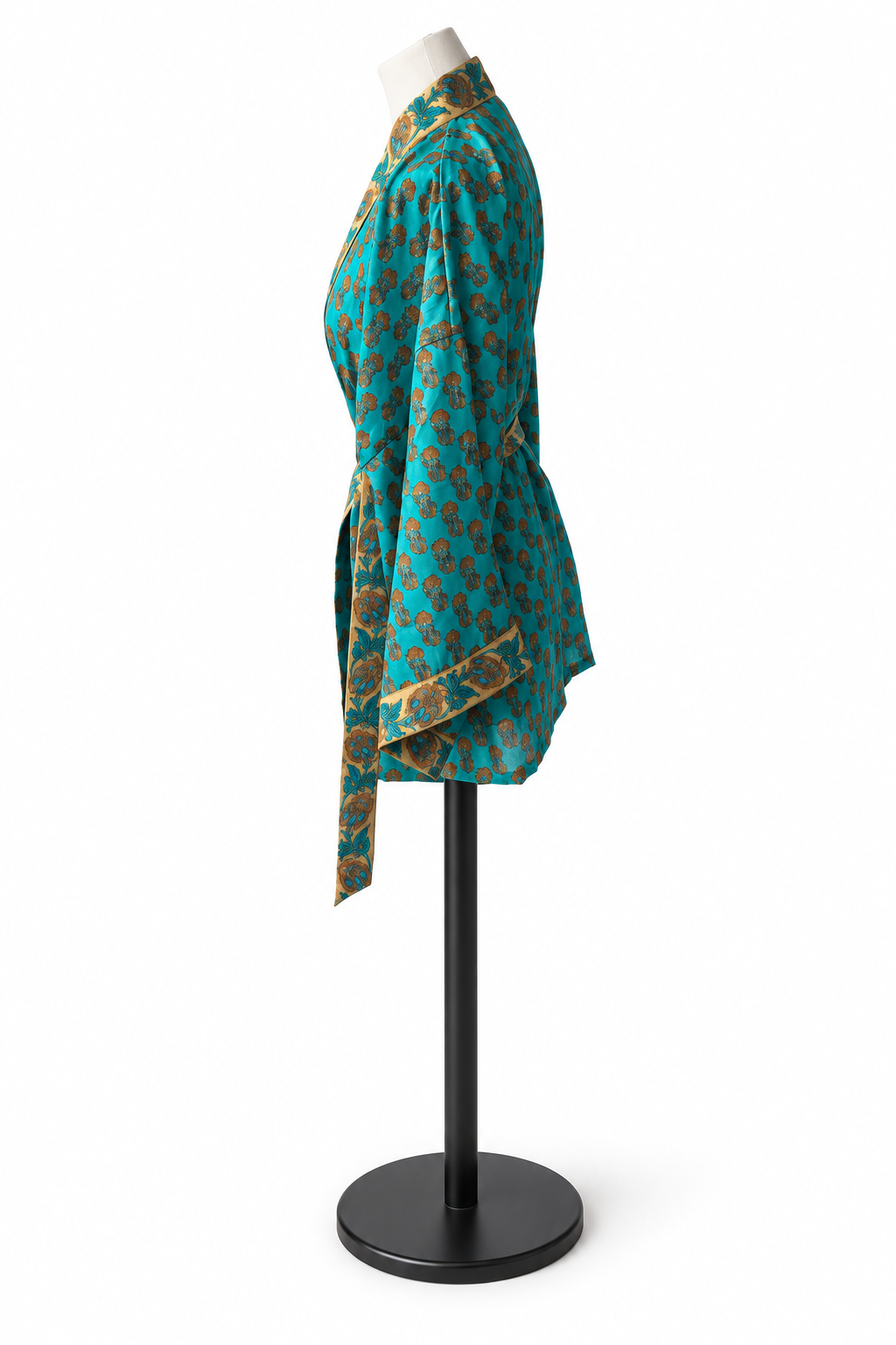 Veste kimono courte en sari indien recyclé turquoise et ocre, vue de profil