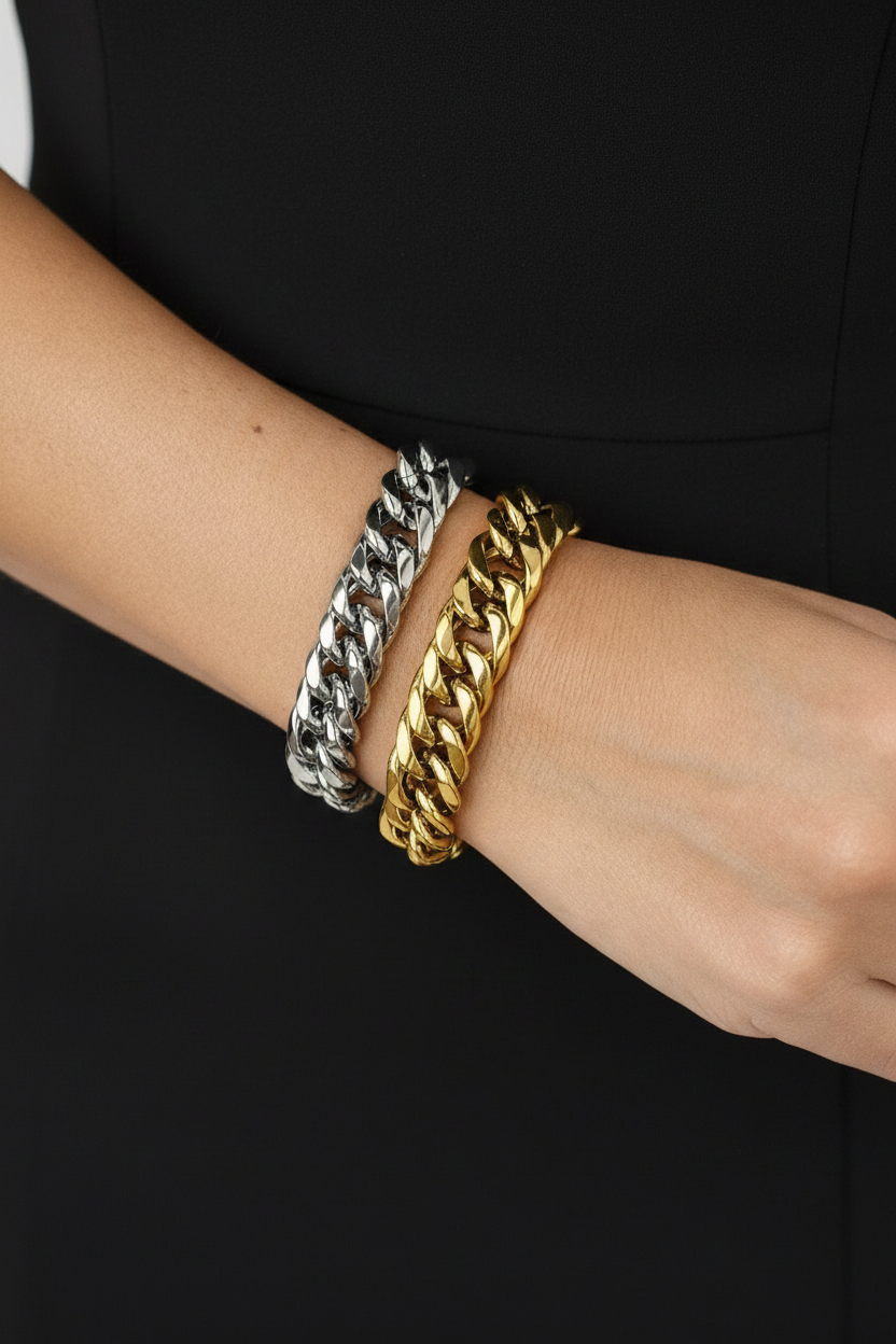 Bracelets grosse maille doré et argenté en acier inoxydable portés au poignet