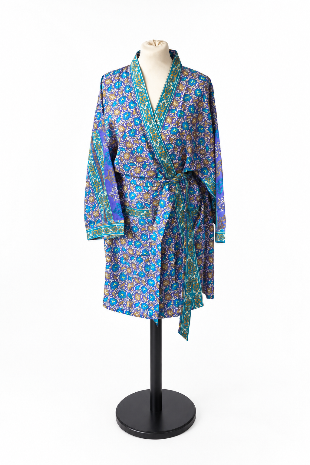 Kimono midi en sari indien recyclé bleu roi turquoise et violet – vue de face