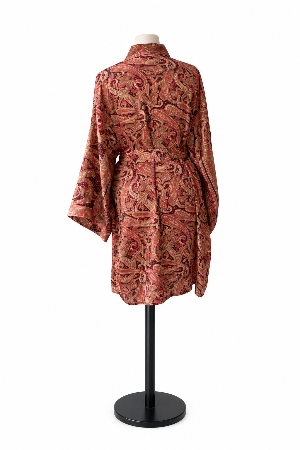 Kimono midi en sari indien recyclé bordeaux et vieux rose – vue de dos