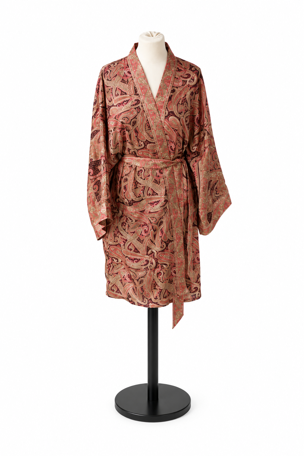 Kimono midi en sari indien recyclé bordeaux et vieux rose – vue de face