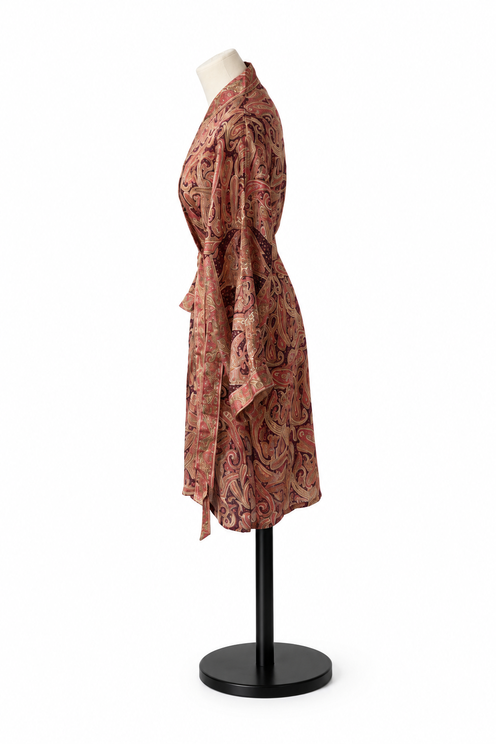 Kimono midi en sari indien recyclé bordeaux et vieux rose – vue de profil