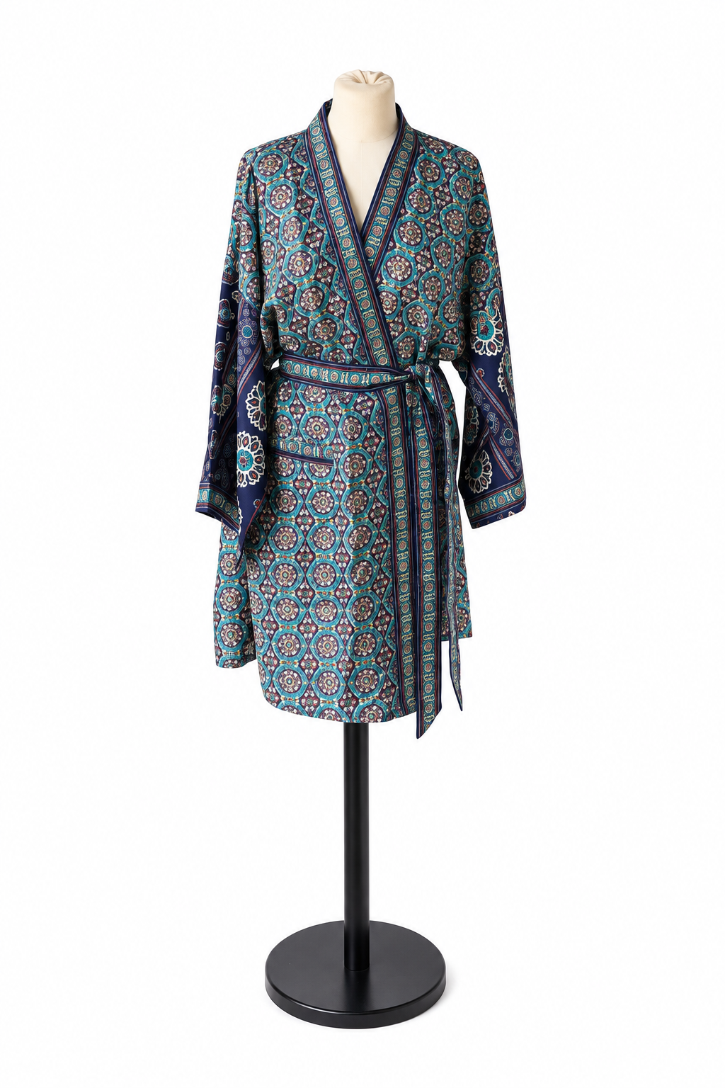 Kimono midi  en sari indien recyclé bleu à motifs