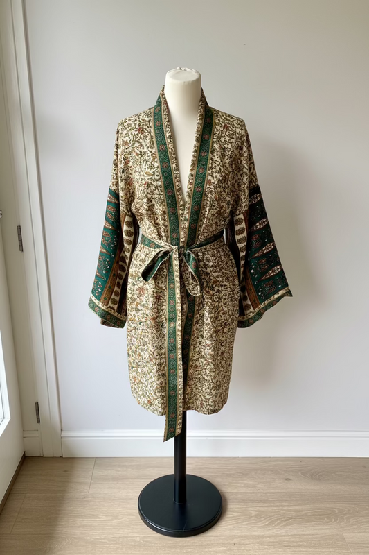 Vue de face du kimono vert olive et beige à imprimé végétal bohème chic