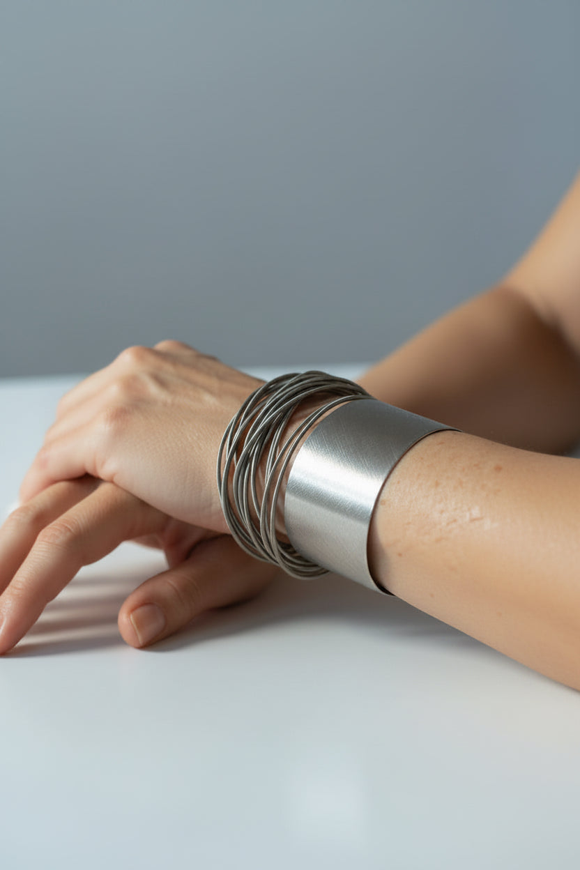 Lot de 14 bracelets ressort argentés en acier inoxydable portés en accumulation au poignet