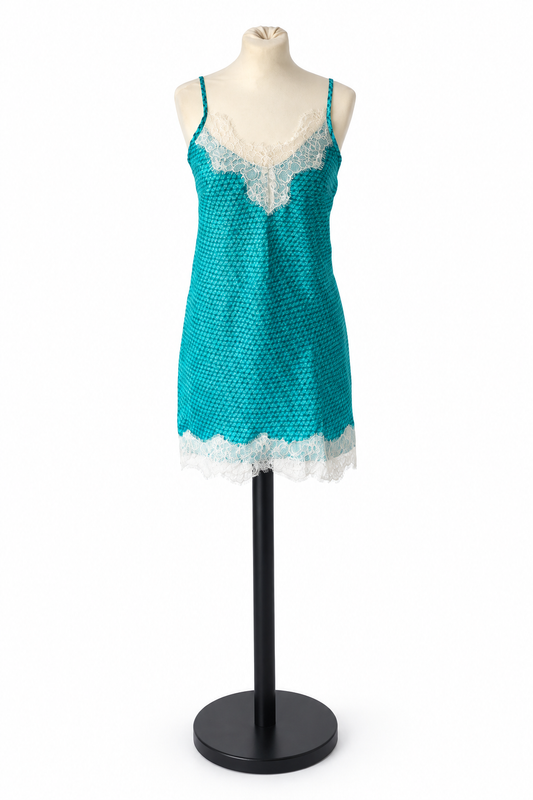 Nuisette en sari indien recyclé turquoise et ivoire – Taille S