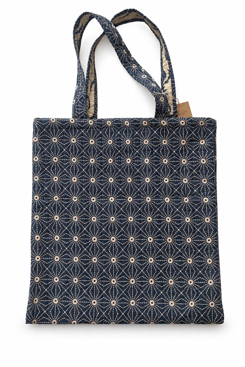 Sac cabas bleu en sari indien recyclé à petits motifs beige , avec ses deux anses.