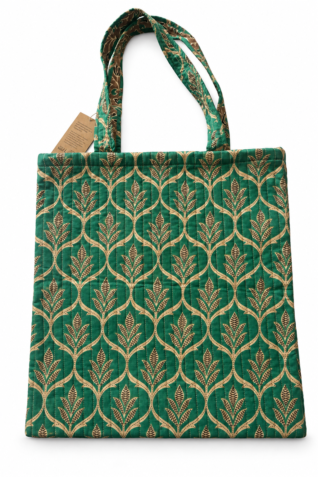 Sac cabas en sari indien recyclé vert à motifs végétaux dorés