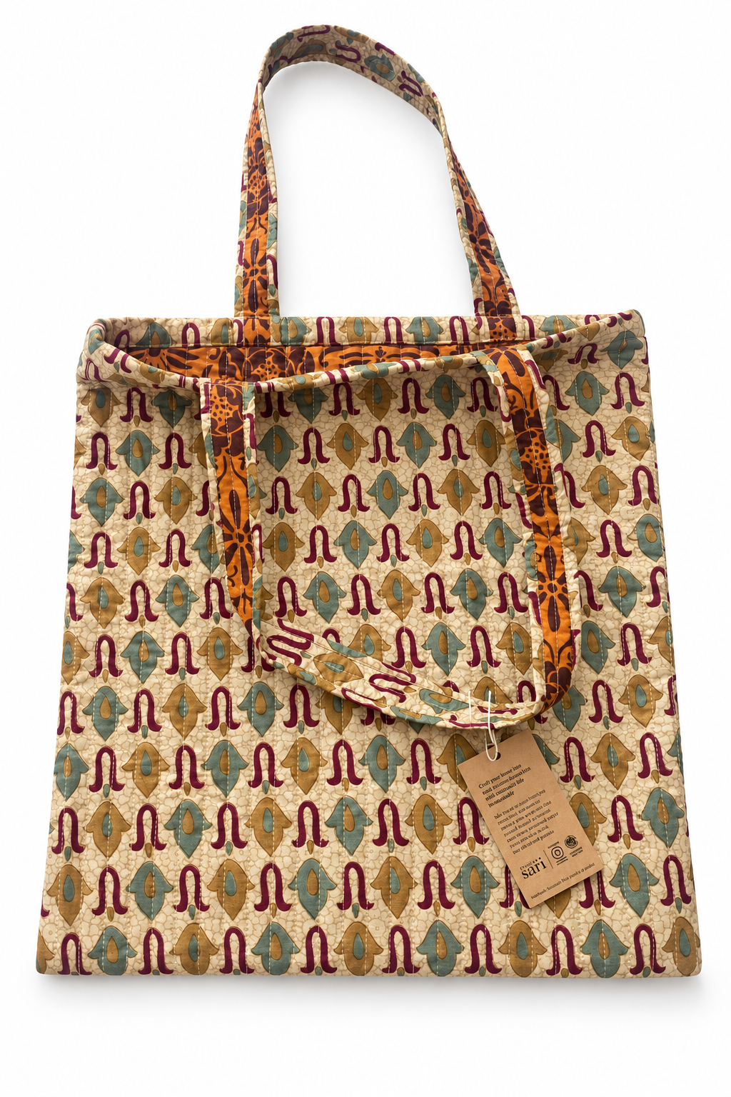 Sac cabas en sari recyclé beige à motifs multicolores, vue de dos