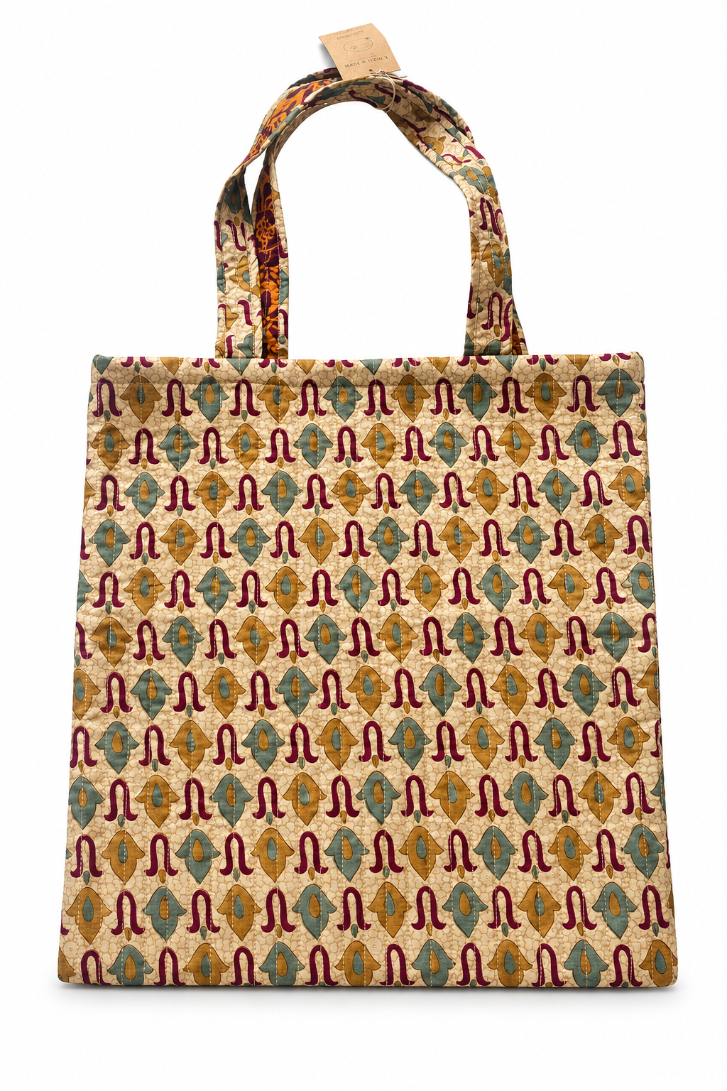 Sac cabas en sari indien recyclé beige à motifs multicolores, vue de face avec ses deux anses.