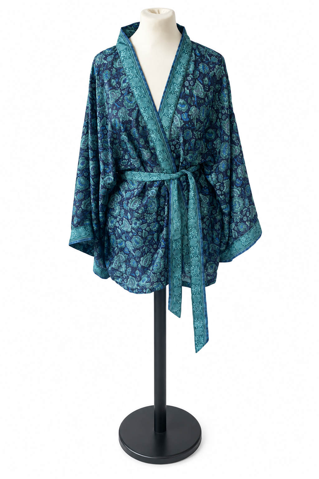 veste-kimono-sari-recycle-bleu-nuit-vert-petrole-face
