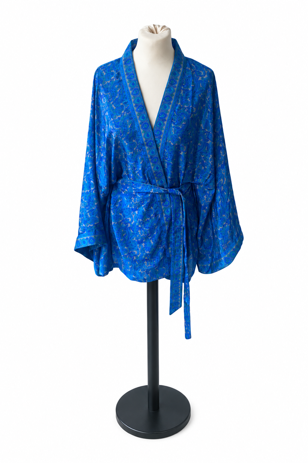 Kimono court en sari indien recyclé- bleu roi